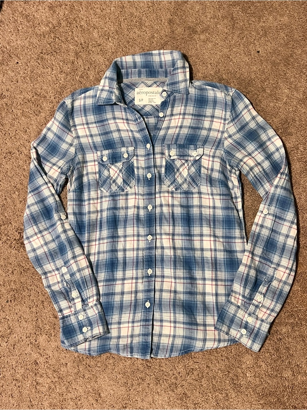 Aeropostale y2k Blue and White Plaid Button-Down Shirt